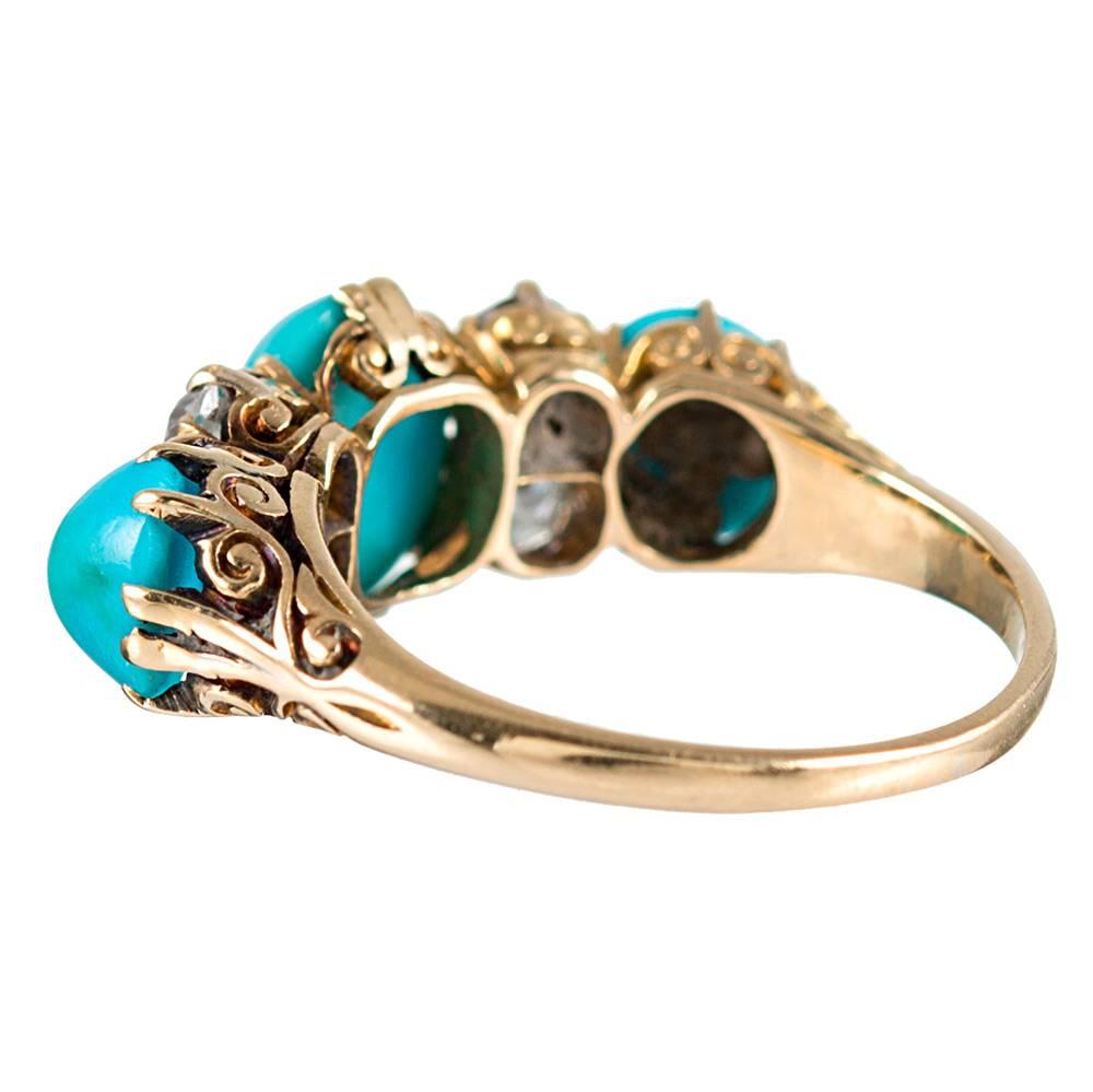 Victorian English Turquoise Diamond Carved Gold Ring In Excellent Condition In Carmel-by-the-Sea, CA