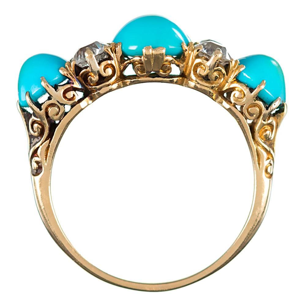 Women's Victorian English Turquoise Diamond Carved Gold Ring