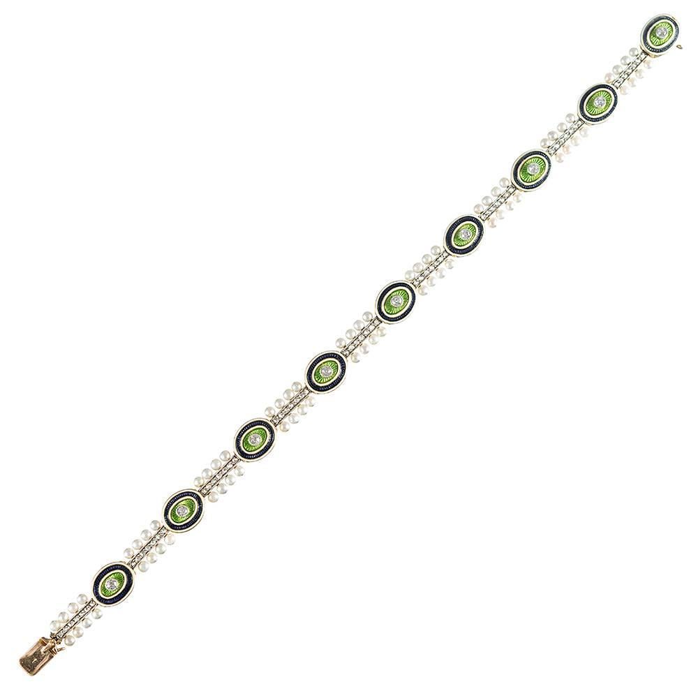 Edwardian Diamond, Enamel and Pearl Bracelet In Excellent Condition In Carmel-by-the-Sea, CA