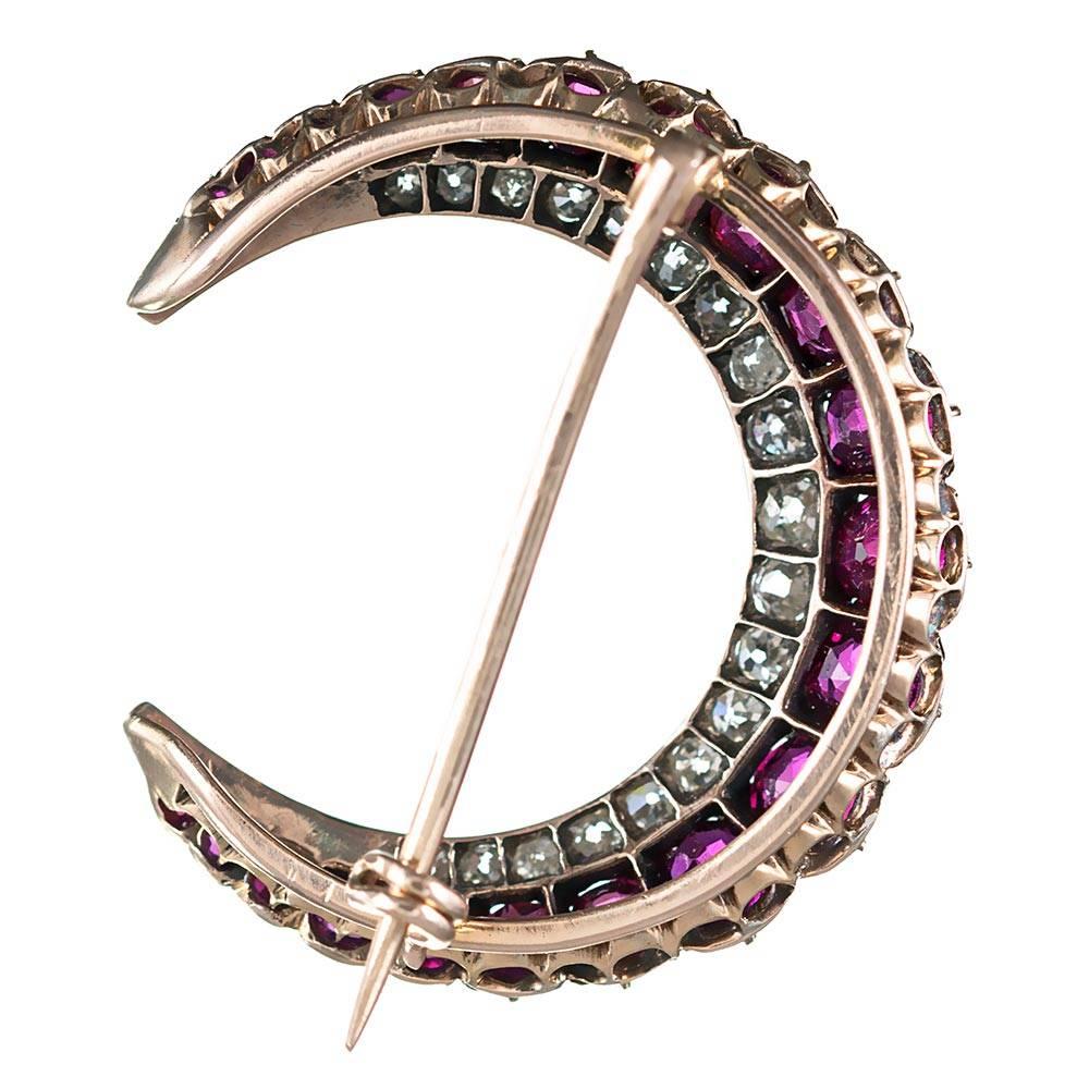 Edwardian Ruby and Diamond Crescent Moon Brooch In Excellent Condition In Carmel-by-the-Sea, CA