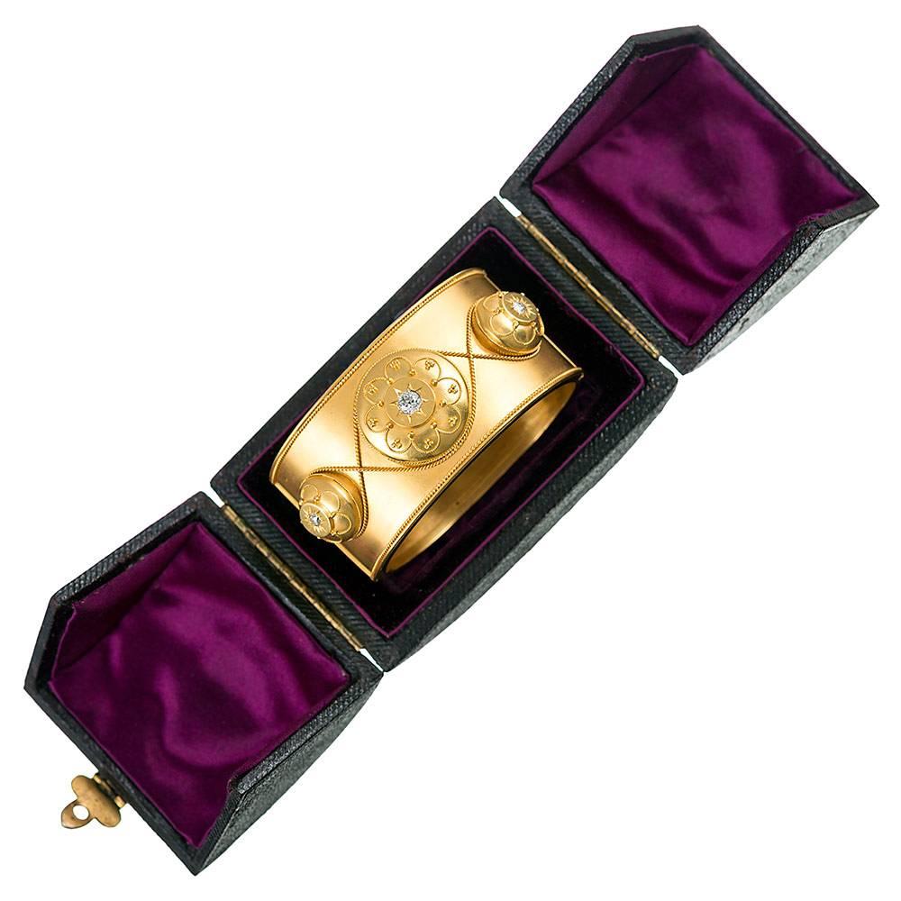 Wide Golden Victorian Bangle with Diamonds in Original Box
