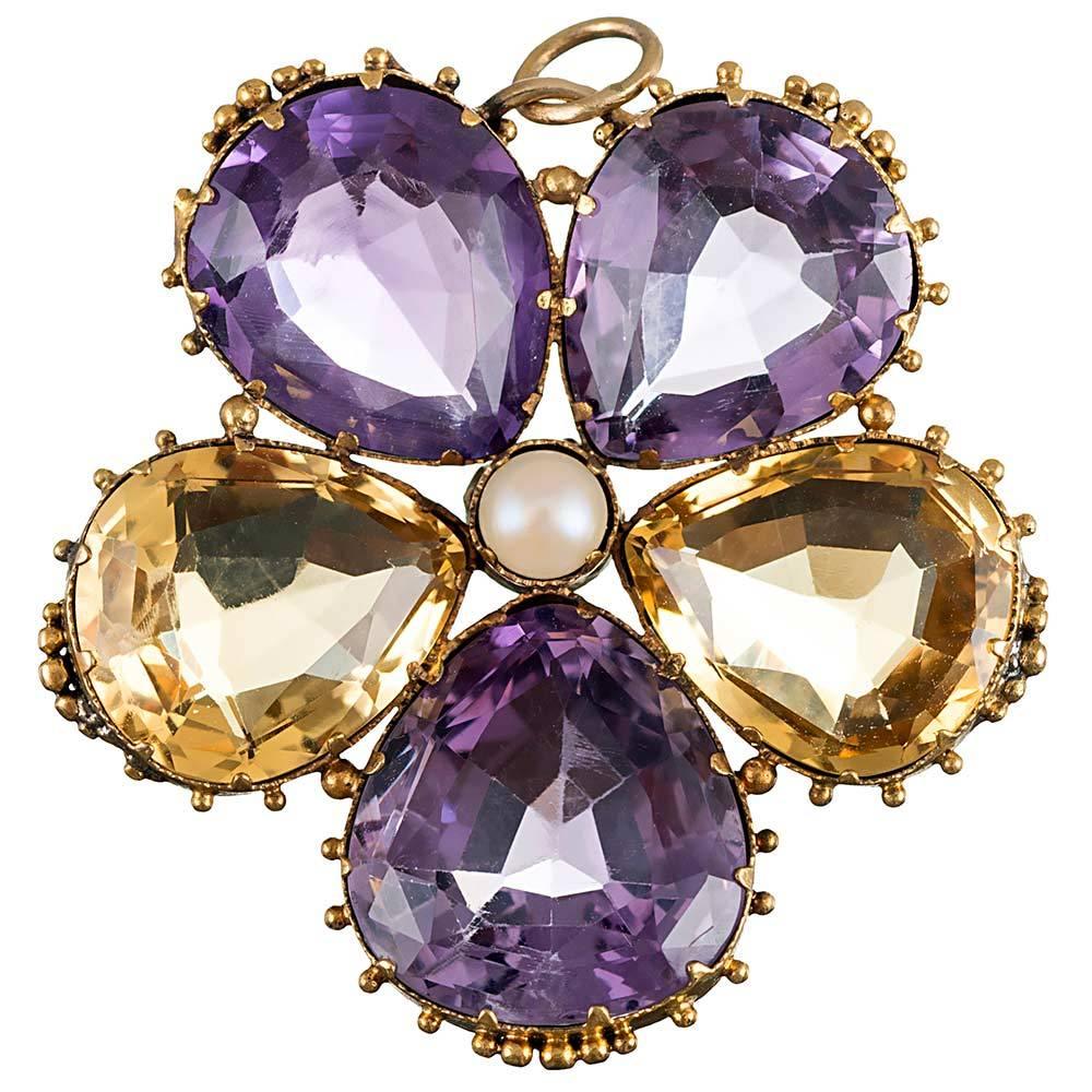 Victorian Citrine and Amethyst Pansy Pendant