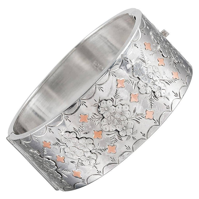 Antique Victorian Pique, Gold and Silver Hinged Bangle Bracelet at 1stdibs