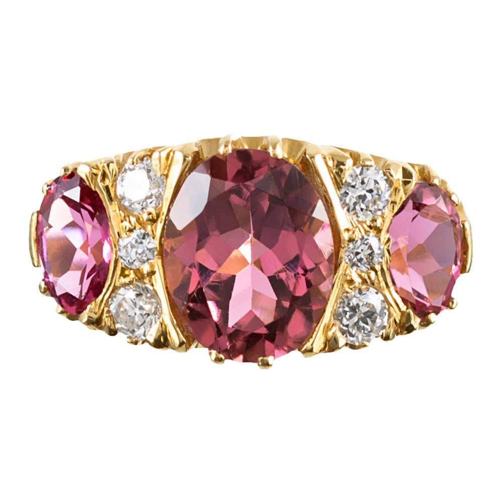 Classic Triple Pink Tourmaline Diamond Gold Ring