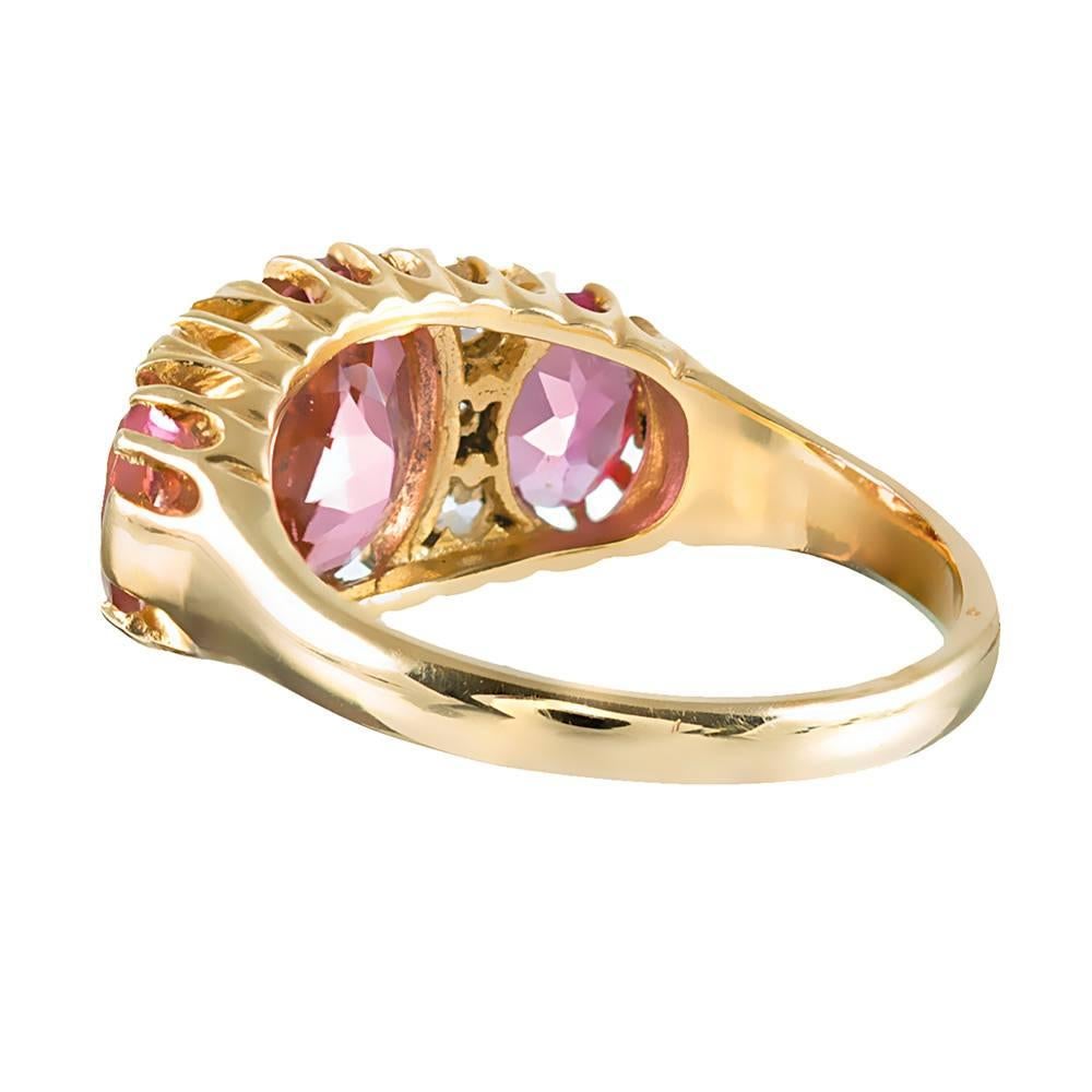 Classic Triple Pink Tourmaline Diamond Gold Ring In New Condition In Carmel-by-the-Sea, CA