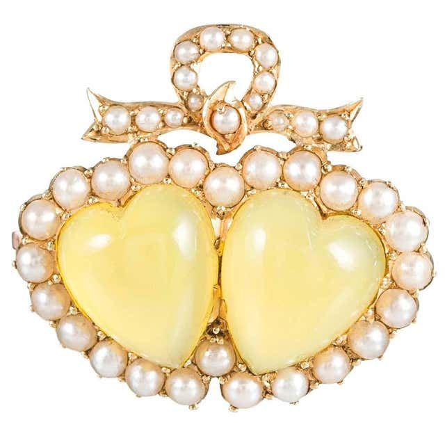 Victorian Chrysoberyl and Pearl Double Heart Brooch at 1stDibs