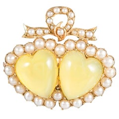 Victorian Chrysoberyl and Pearl Double Heart Brooch