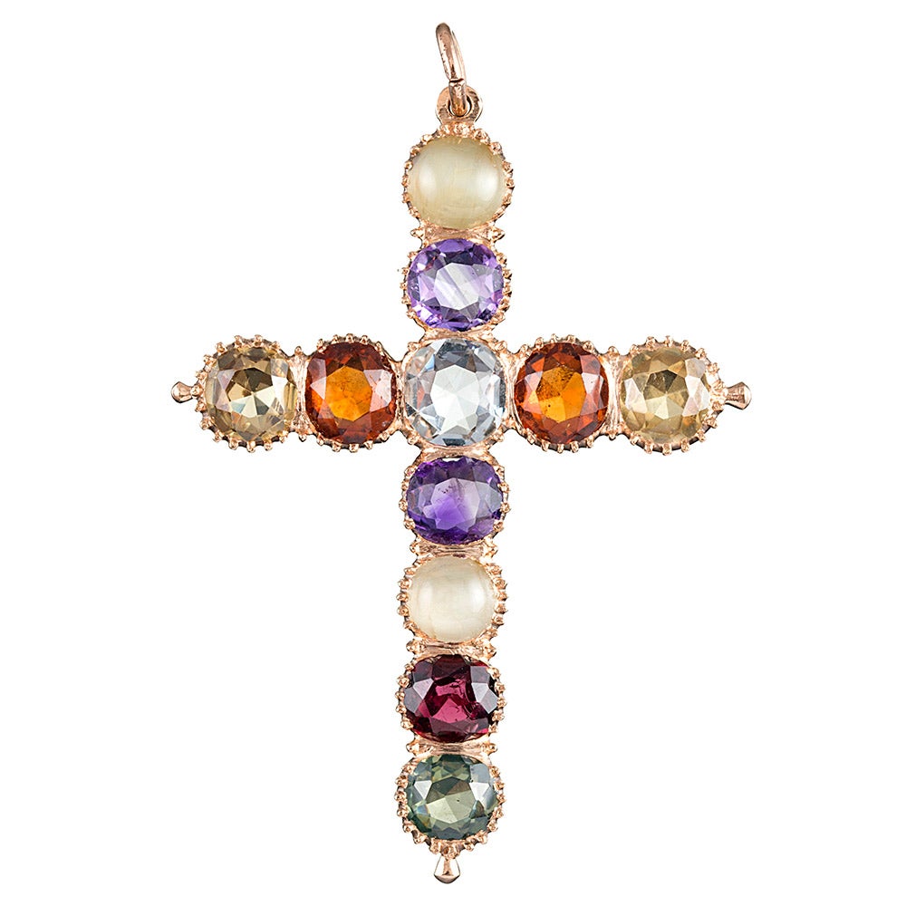 Enamel Gemstone Granulated Gold Cross Pendant For Sale at 1stDibs