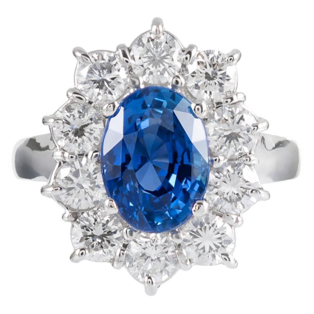 Sri Lanka No Heat 3.85 Carat Sapphire and Diamond Cluster Ring