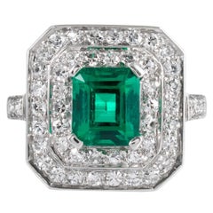 Art Deco 1.20 Carat Colombian Emerald and Diamond Ring