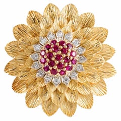 Tiffany 
Co Textured Gold Ruby and Diamond Flower Brooch