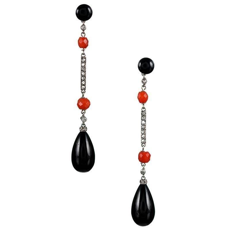 Art Deco French Coral, Onyx and Diamond Drop Earrings