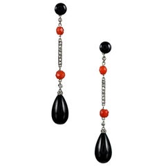Art Deco French Coral, Onyx and Diamond Drop Earrings
