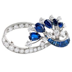 Retro 1950s Sapphire and Diamond Brooch, Signed Cartier