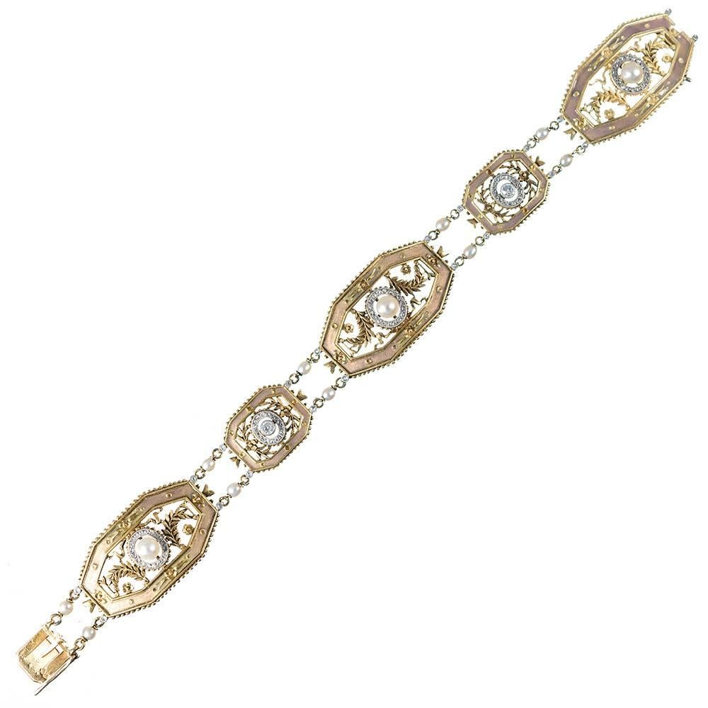 French Edwardian Bracelet with Enamel, Diamonds and Pearls, Signed Gautrait