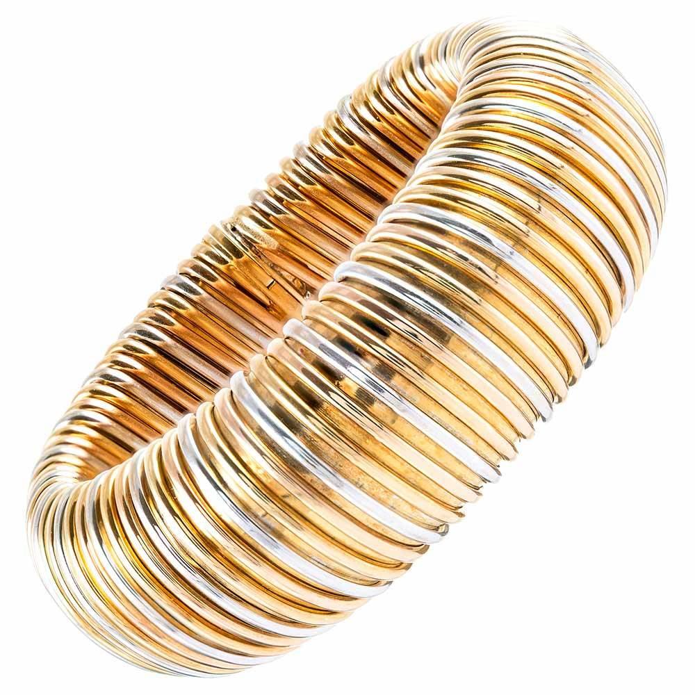 Flexible Tri-Color Gold Wide Bangle Bracelet