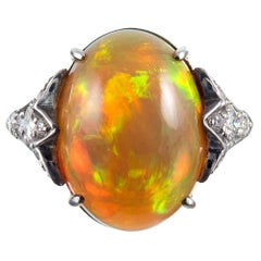 Retro 8 Carat Fire Opal Cabochon Diamond Ring