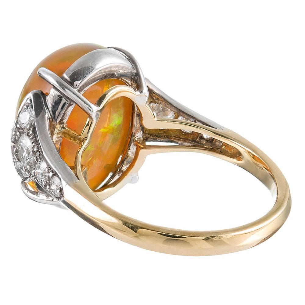 8 Carat Fire Opal Cabochon Diamond Ring In Excellent Condition In Carmel-by-the-Sea, CA