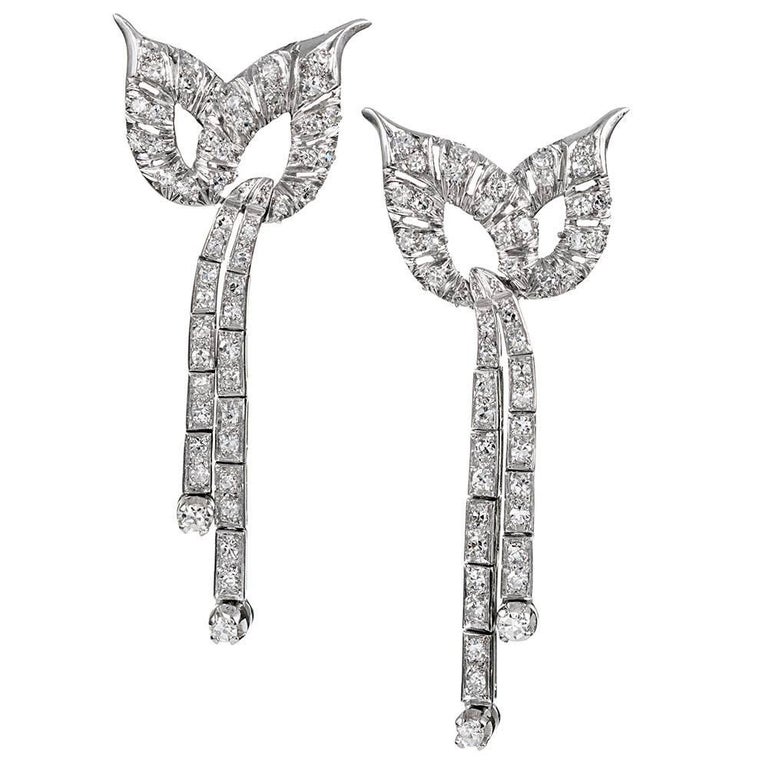 Retro Platinum and Diamond Drop Earrings For Sale