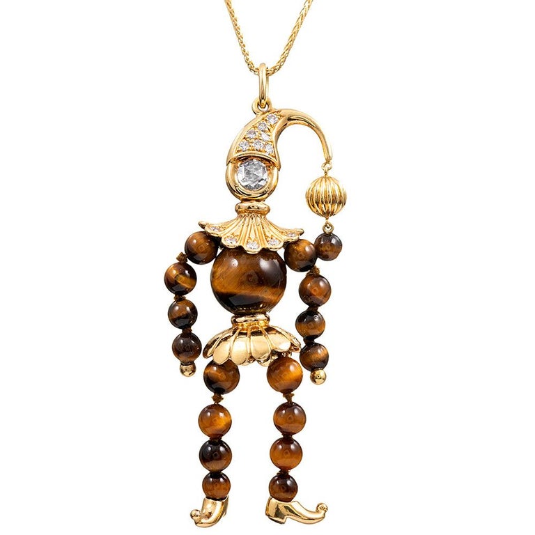 Tiger’s Eye & Diamond Jester Pendant, Signed Emil Meister For Sale