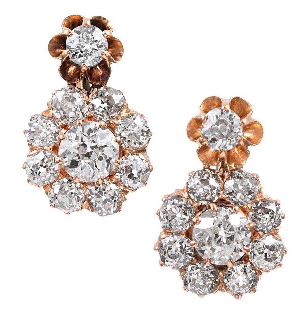 Rose Gold Victorian Old European Cut Diamond Cluster Earrings
