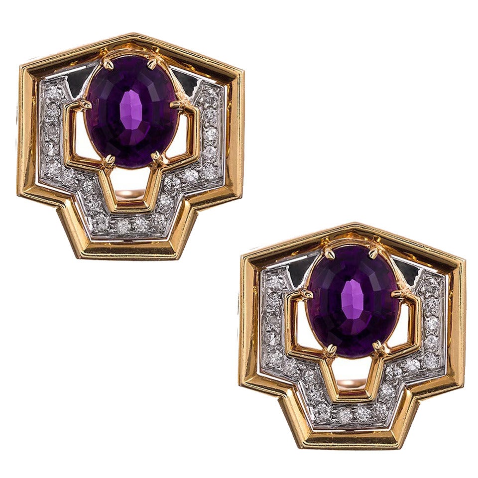 1980s Geometric Amethyst Diamond Gold Earrings