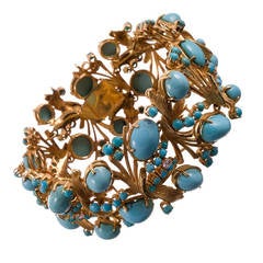 1960s Turquoise Diamond Textured Gold Bracelet