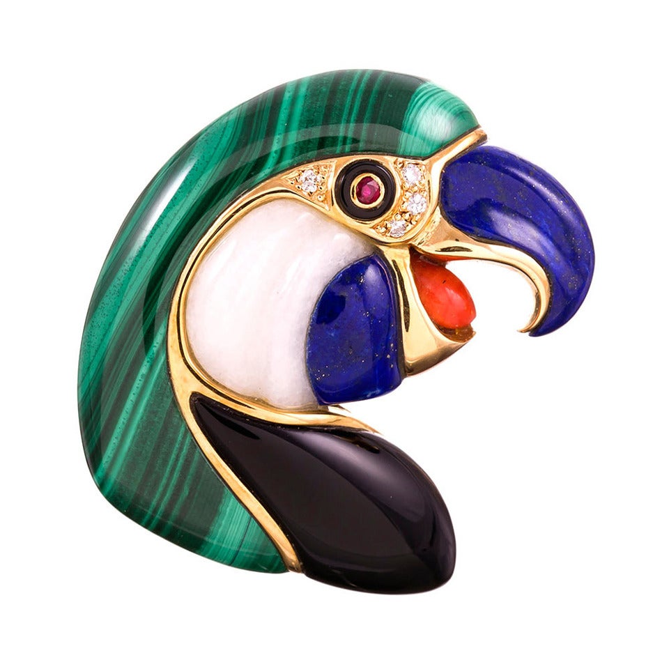 Malachite Lapis Onyx Coral Ruby Diamond Gold Parrot Brooch