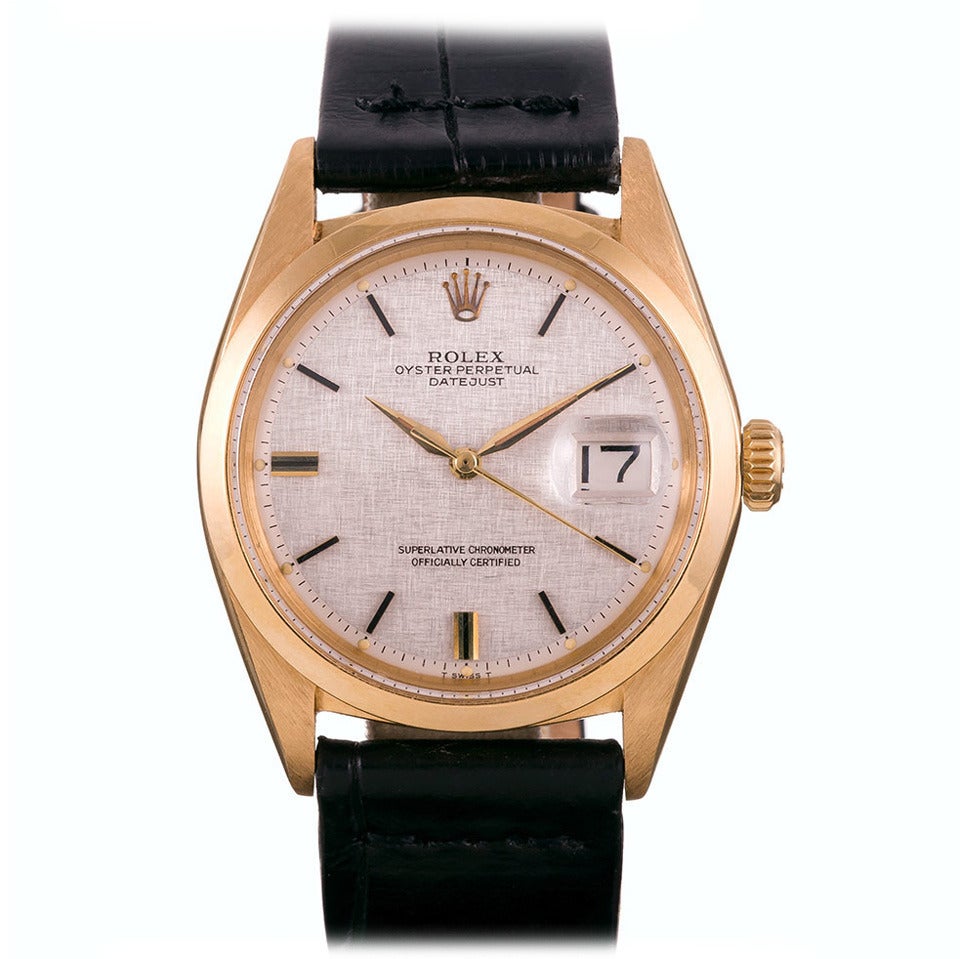 Rolex Yellow Gold Datejust Smooth Bezel Linen Dial Wristwatch Ref 1600