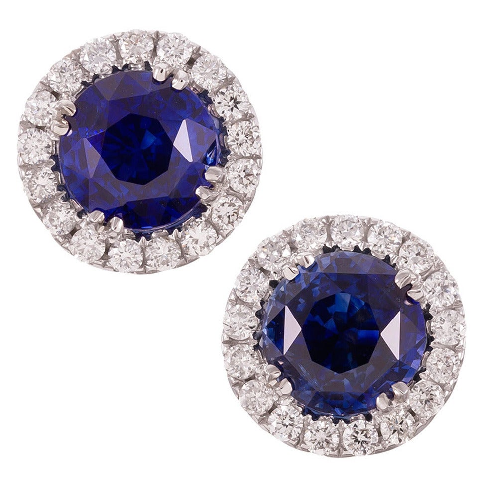 4.93 Carat Sapphire Diamond Gold Halo Stud Earrings