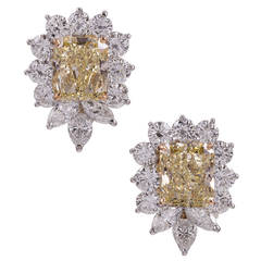 7.56 Carat GIA Cert Fancy Yellow Diamond Gold Platinum Cluster Earrings