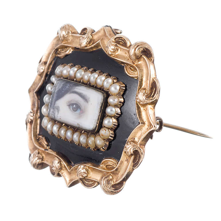 Lover's Eye Natural Pearl, Black Enamel and Yellow Gold Antique Brooch