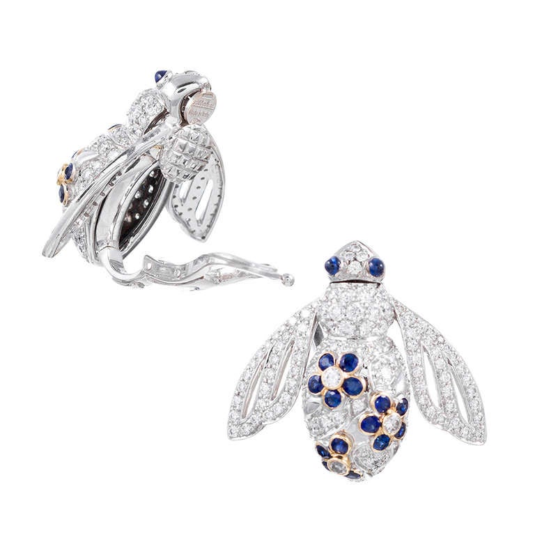 Diamond & Sapphire Bee Earrings, signed 