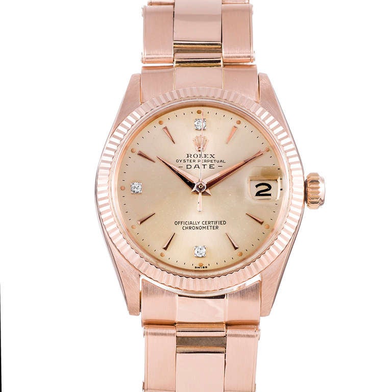 This watch has an incredibly rare combination of elements as it is unusual to find in 18k rose gold and in the 31mm size, and the diamond dial, which was only infrequently found on this model in this era, makes this watch particularly special. The