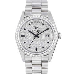 Used Rolex Rare Platinum, Diamond and Sapphire Day-Date Wristwatch circa 1980s