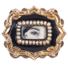 Lover's Eye Natural Pearl, Black Enamel and Yellow Gold Antique Brooch
