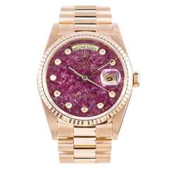 Rolex Yellow Gold Day-Date Wristwatch with Rubellite Diamond Dial circa 1990s