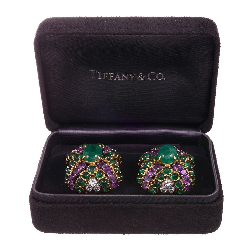Tiffany & Co. Amethyst Emerald Diamond Gold Cushion Earrings In Excellent Condition In Carmel-by-the-Sea, CA