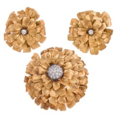 Diamond Yellow Gold Flower Brooch and Ear Clips