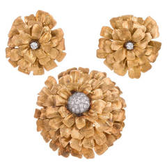 Diamond Yellow Gold Flower Brooch and Ear Clips 10