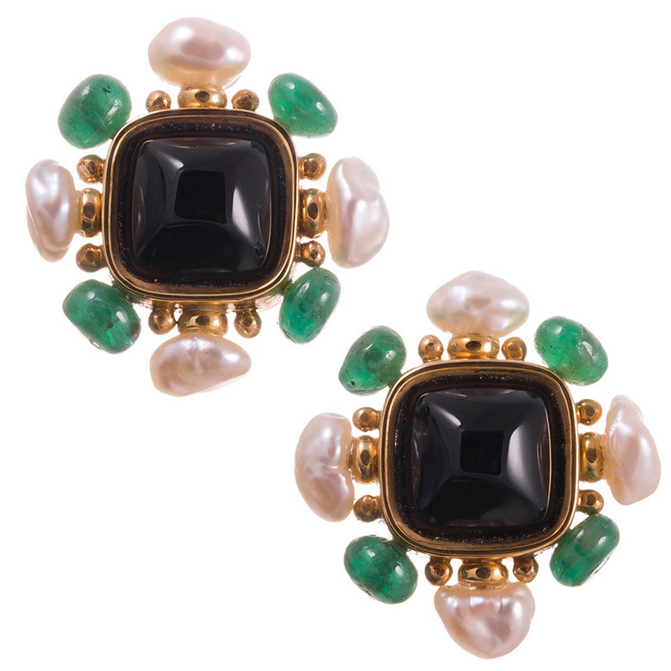 Trianon Onyx Biwa Pearl Emerald Gold Earrings