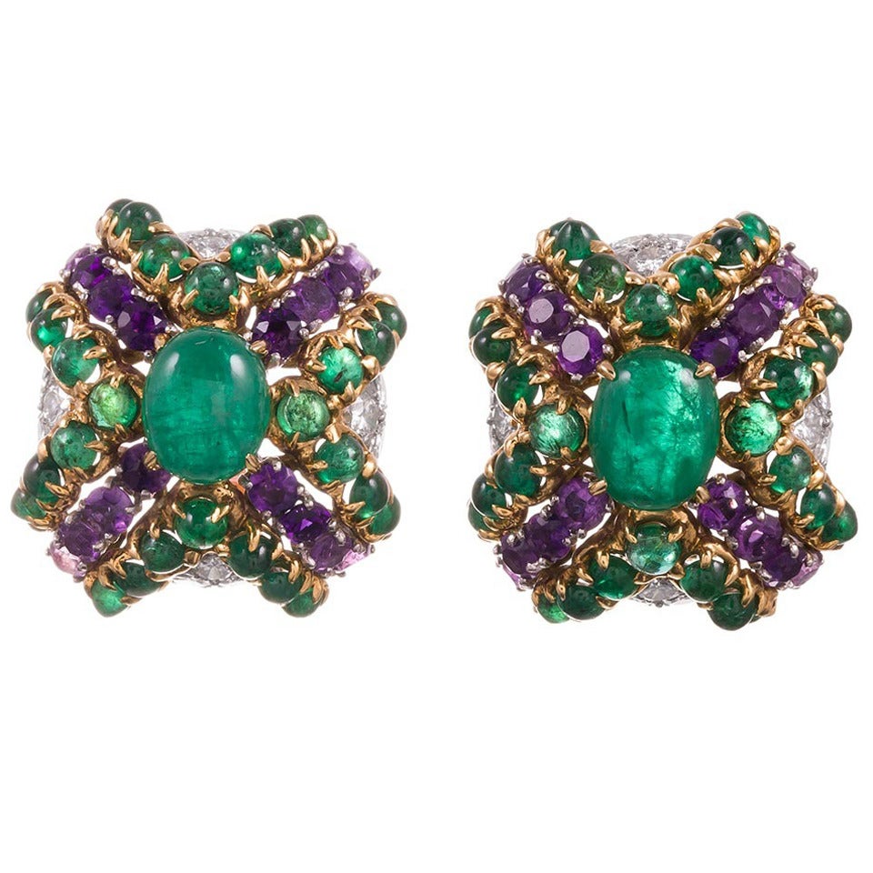 Tiffany & Co. Amethyst Emerald Diamond Gold Cushion Earrings