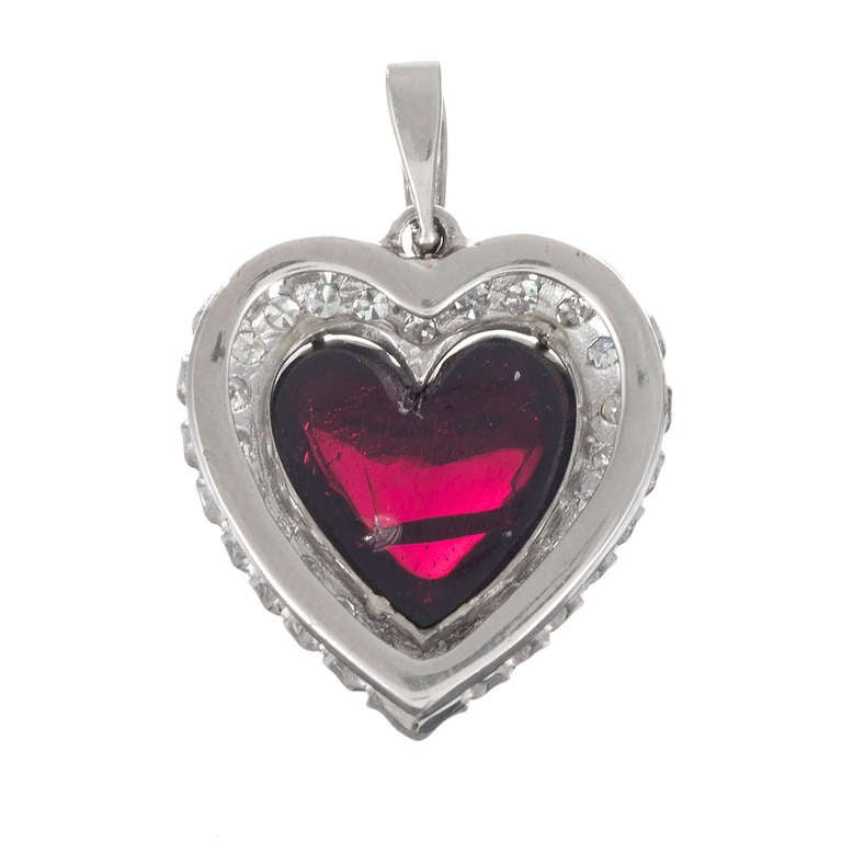 1940s Garnet and Diamond Heart Pendant In Excellent Condition In Carmel-by-the-Sea, CA