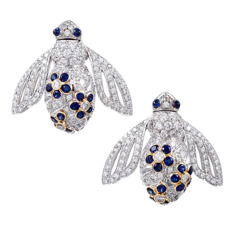 Diamond & Sapphire Bee Earrings, signed "Salavetti"