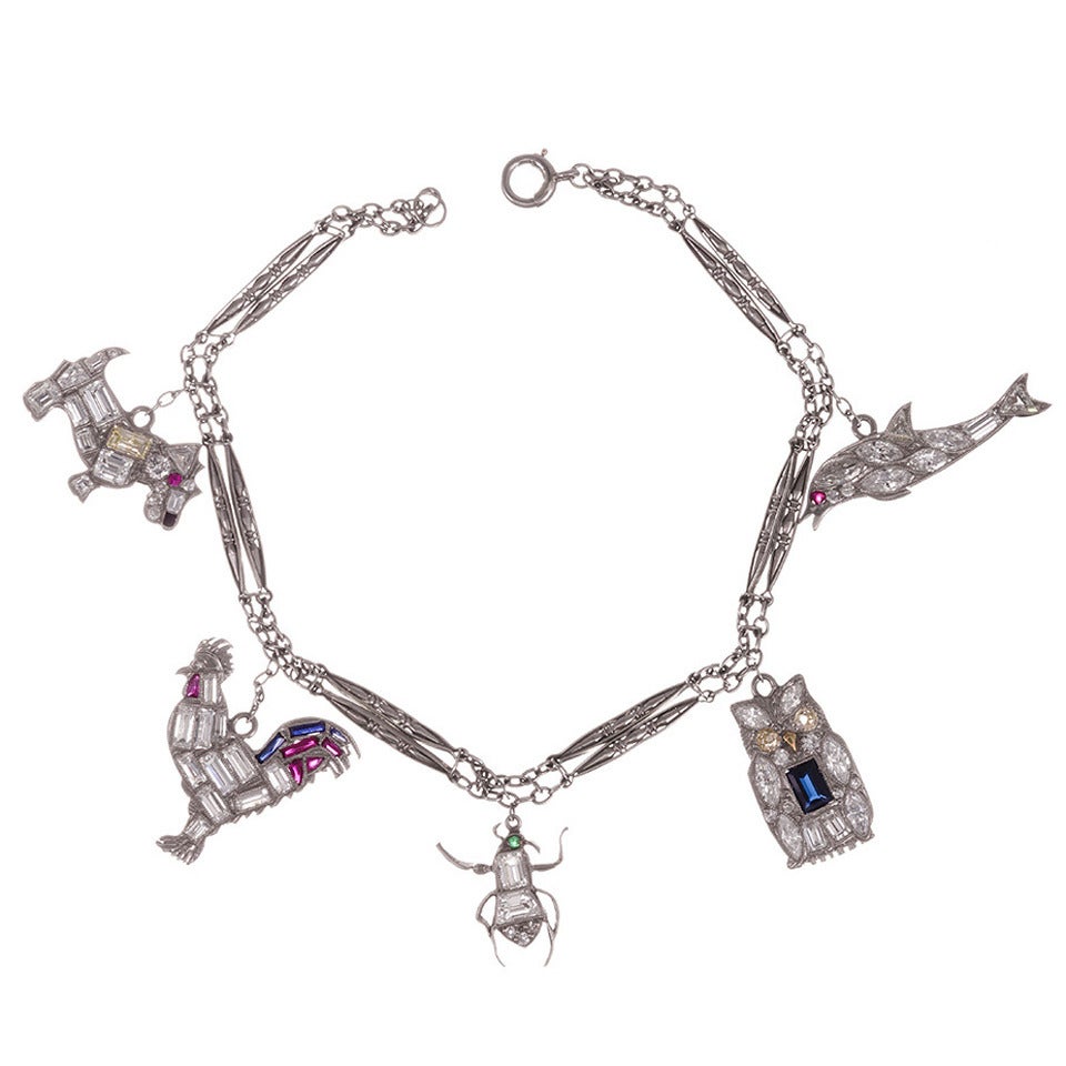 Art Deco Diamond Platinum Animal-Themed Charm Bracelet