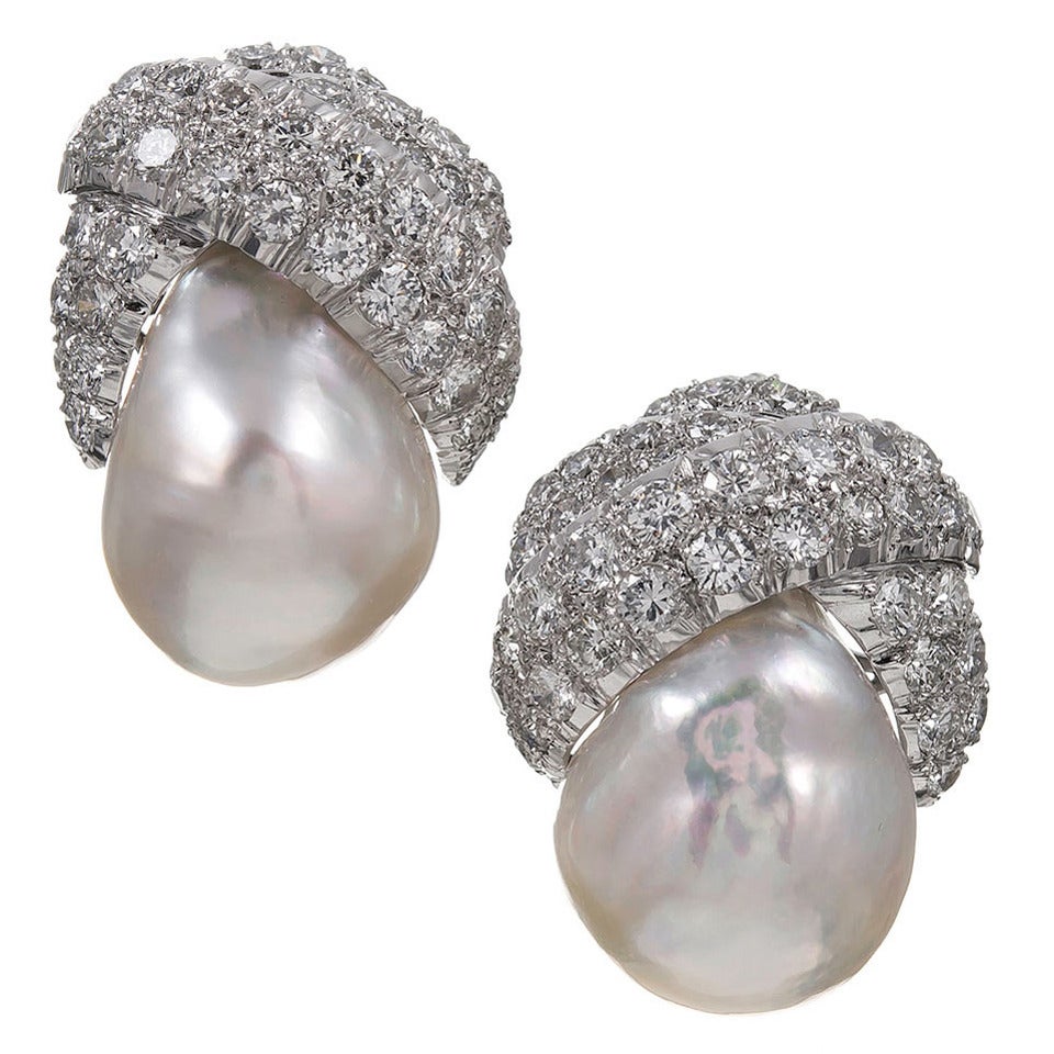 David Webb Baroque Pearl Diamond Platinum Earrings