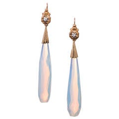 Antique French Opaline Glass Diamond Ear Pendants