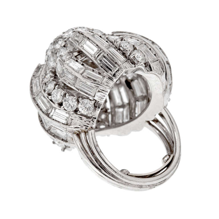 Baguette Cut French 1950s Mixed Cut Diamond Dome Platinum Ring