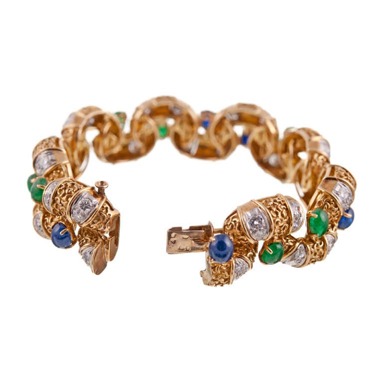 French Elegant Cabochon Sapphire and Emerald Diamond Bracelet In Excellent Condition In Carmel-by-the-Sea, CA