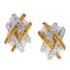 Baroque Pearl Diamond and Yellow Sapphire Earrings 1